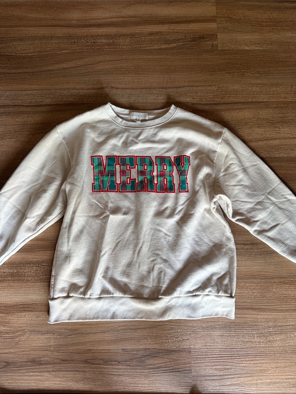 State of Mind Cream Crewneck with Red and Green "MERRY" Graphic